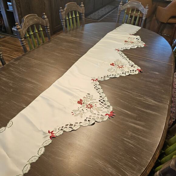 Holiday Fireplace Decor-Embroidered Poinsettias, Candles and Holly Berries 47x20 - Picture 2 of 8